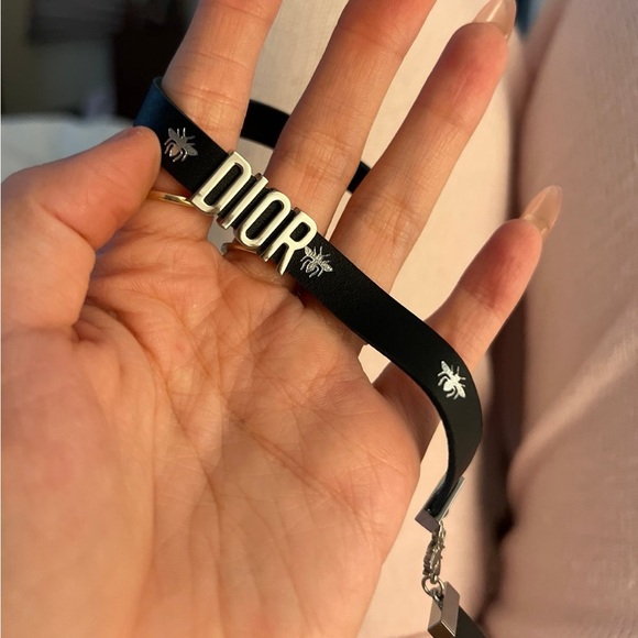 DIOR BEE CALFSKIN LEATHER BRACELET Double Wrap Dark Navy & Silver - Picture 3 of 7